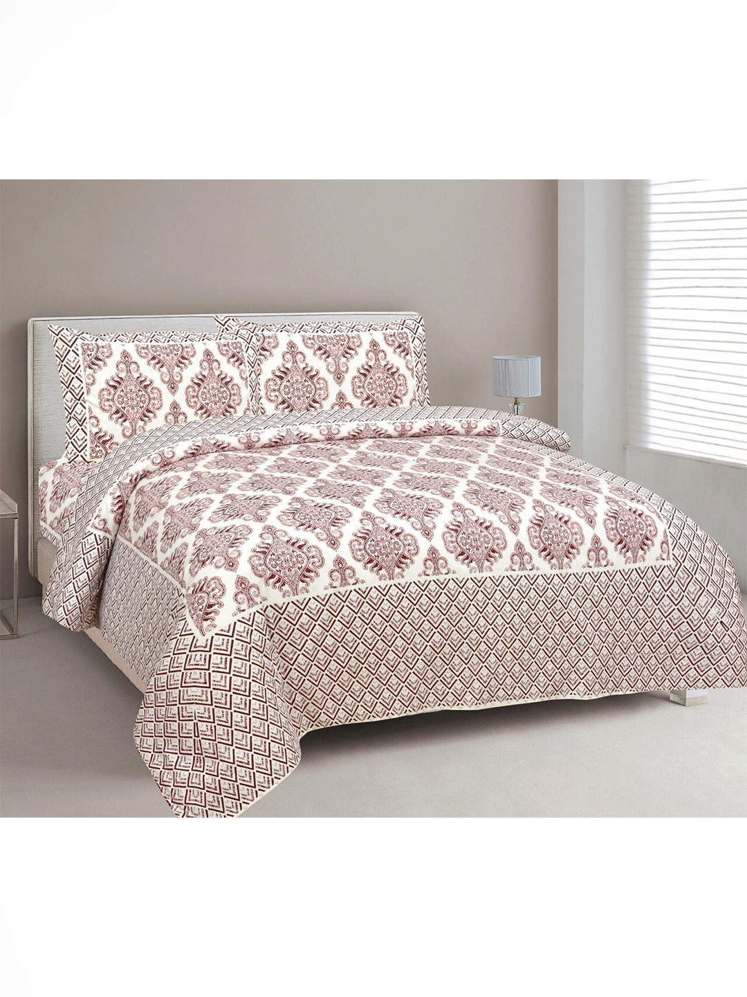 EasyGoods Traditional White Ethnic Motifs Pure Cotton 240 TC King Fine Bedsheet with 2 Pillow Covers-108 x 108 inches