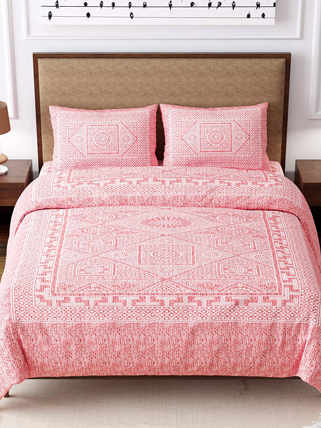EasyGoods Traditional Pink Ethnic Motifs Pure Cotton 240 TC King Fine Bedsheet with 2 Pillow Covers-108 x 108 inches