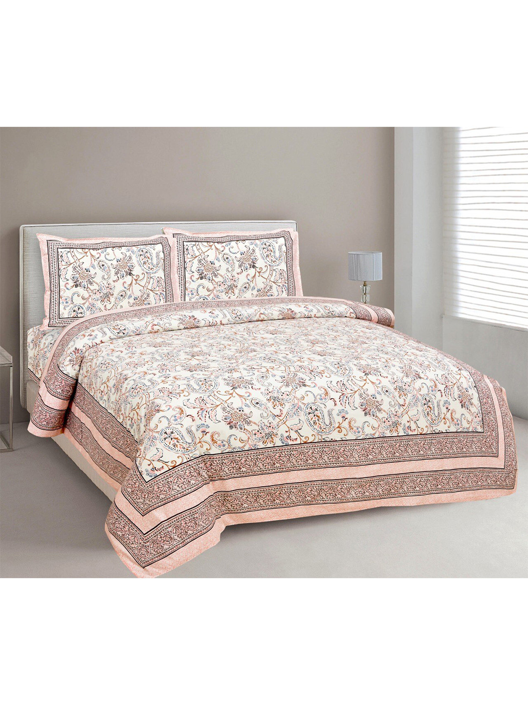 EasyGoods Traditional Peach Ethnic Motifs Pure Cotton 240 TC Fitted King Fine Bedsheet with 2 Pillow Covers-108 x 108 inches