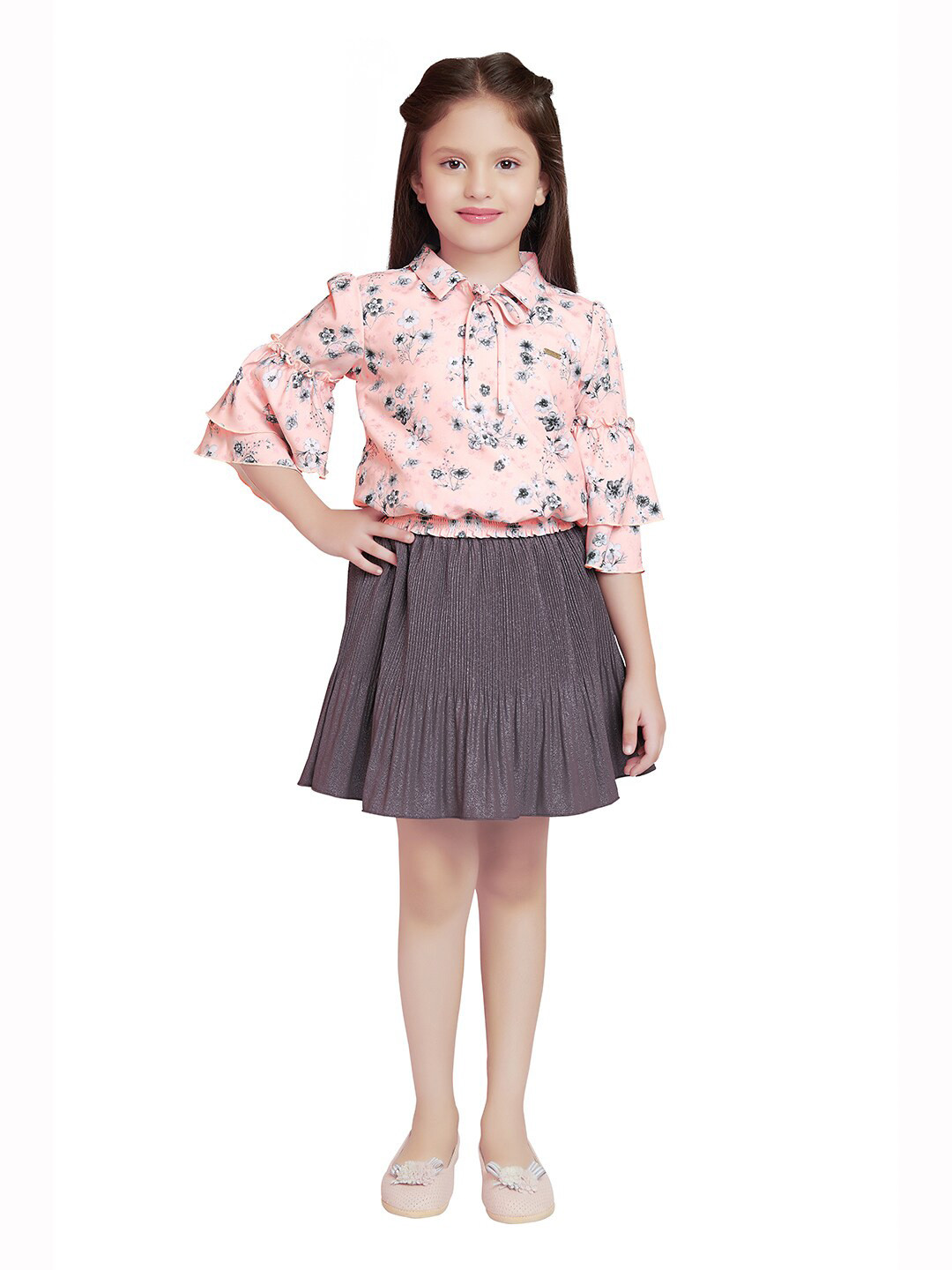Tiny Baby Girls Grey & Pink Printed Top with Skirt