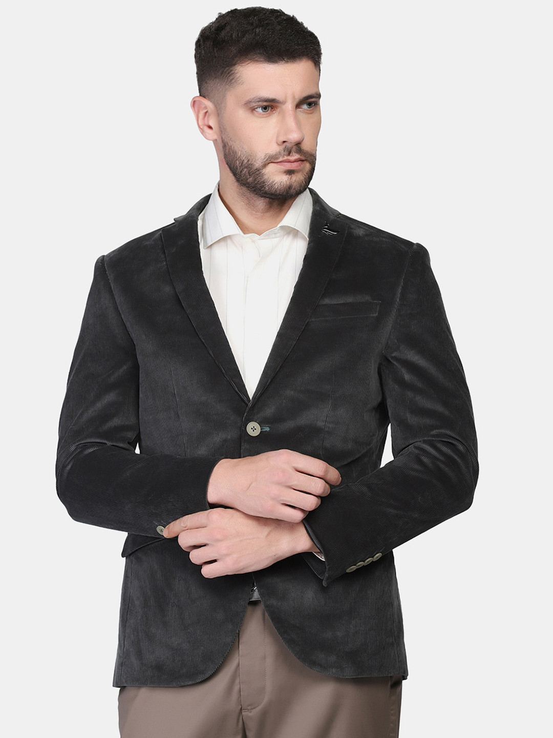 Blackberrys Men Olive-Coloured Solid Single-Breasted Slim-Fit Blazers