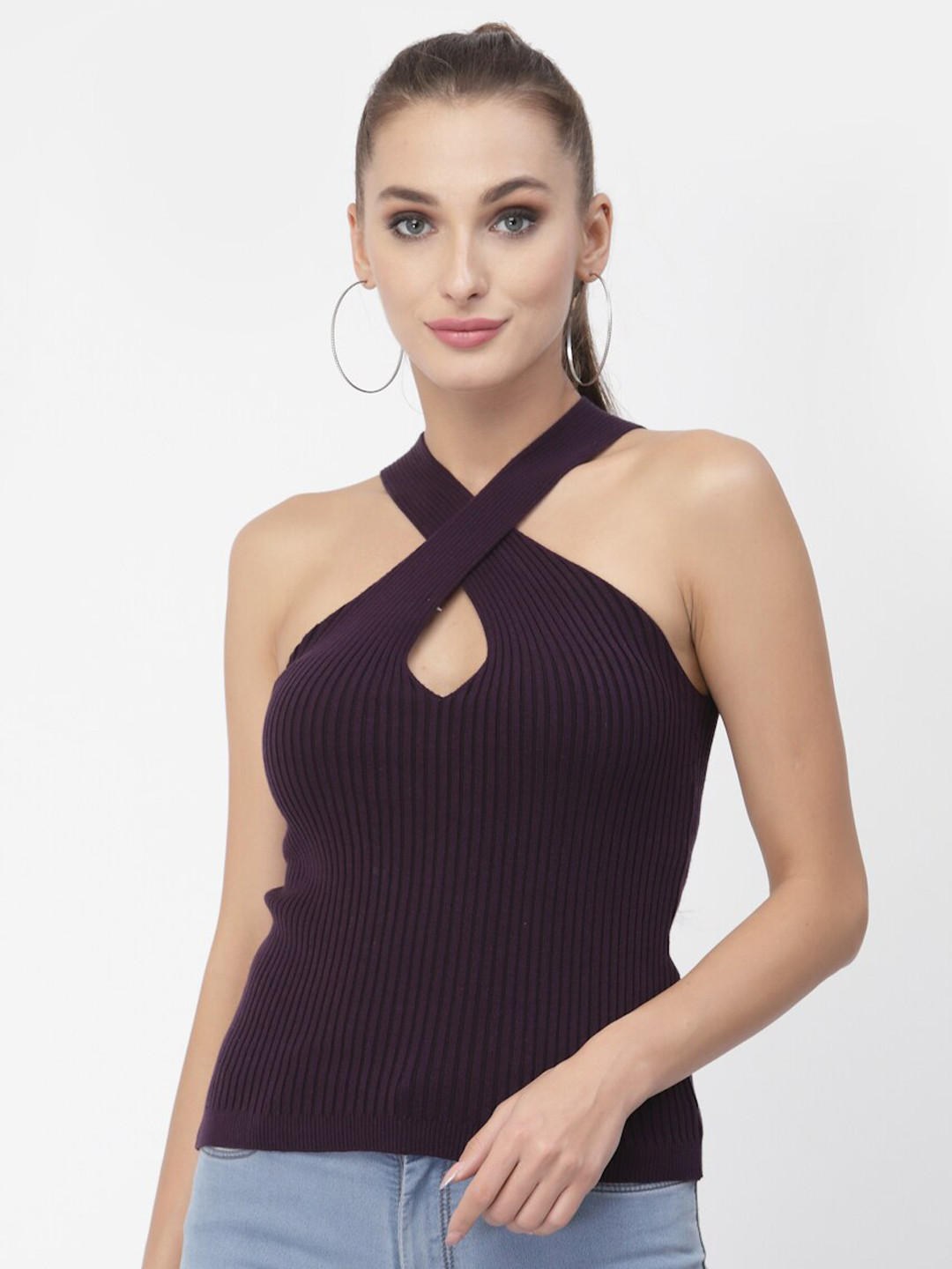 Kalt Purple Solid Halter Neck Top