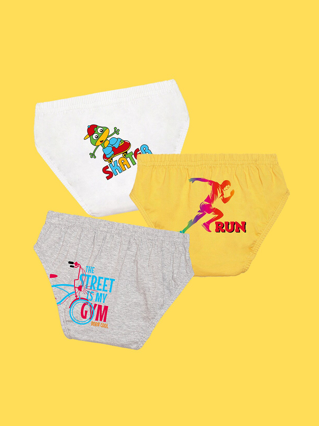 NUSYL Boys Pack Of 3 White,Yellow,Grey Printed Briefs