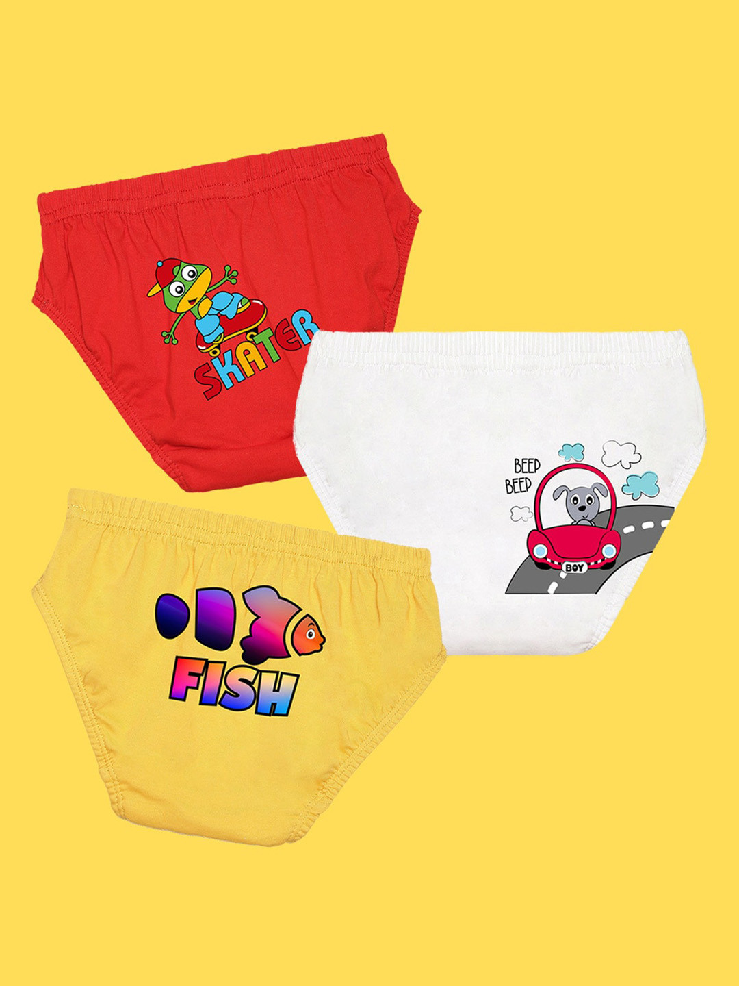 NUSYL Boys Pack Of 3 Red,White,Yellow Printed Briefs