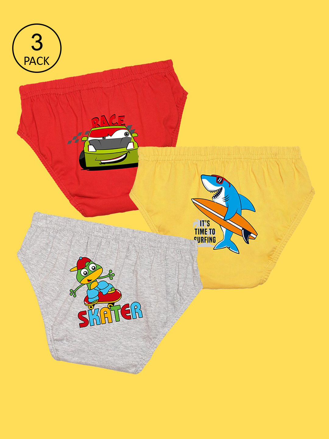 NUSYL Boys Pack of 3 Red,Yellow,Grey Printed Briefs