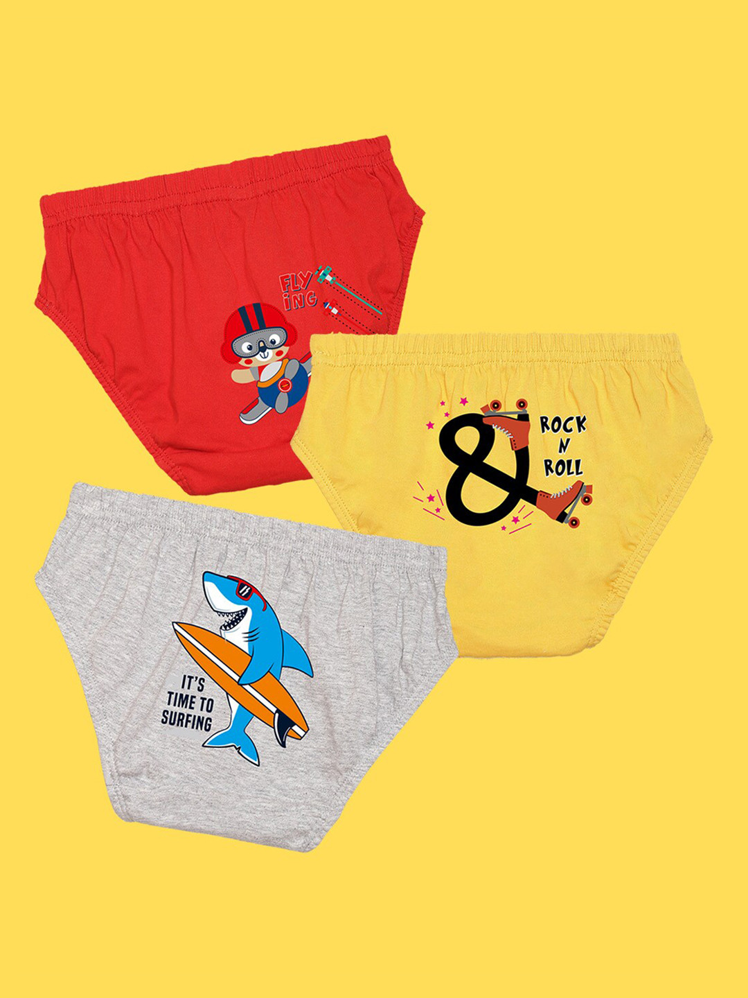 NUSYL Boys Pack of 3 Red,Yellow,Grey Printed Briefs