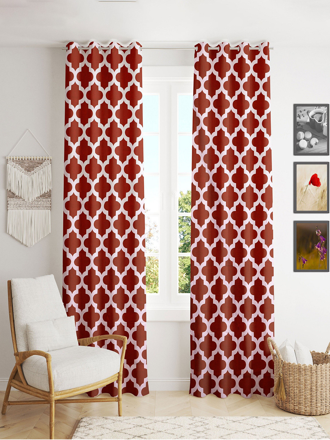 HOMEMONDE Rust & Off White Set of 2 Geometric Cotton Door Curtain