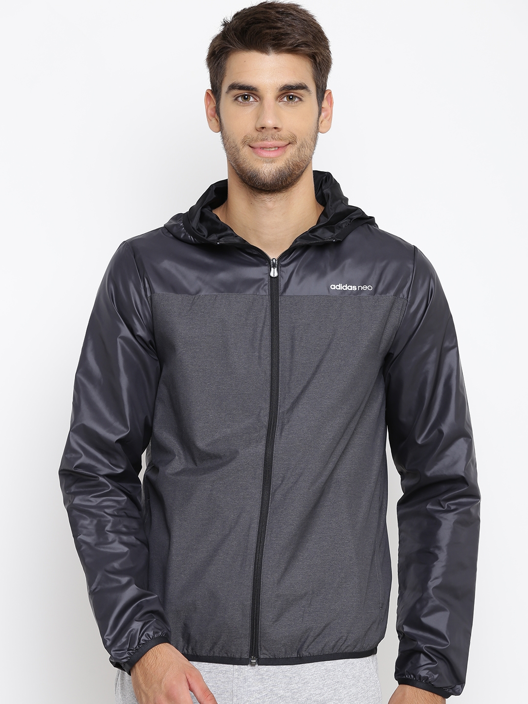 Buy ADIDAS NEO Men Charcoal Grey CE WindBreaker Solid Hooded Sporty Jacket - Jackets for Men | Myntra