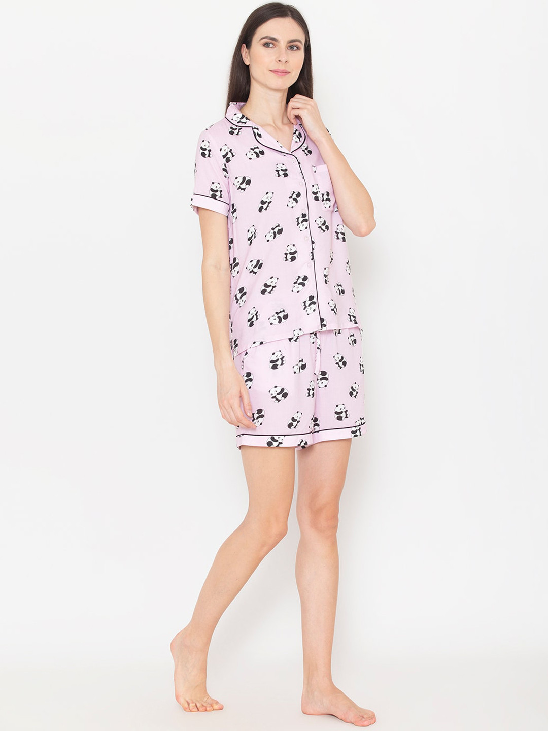 Vami Women Pink & Black Mickey Mouse Printed Night suit VM11009-S-PR001