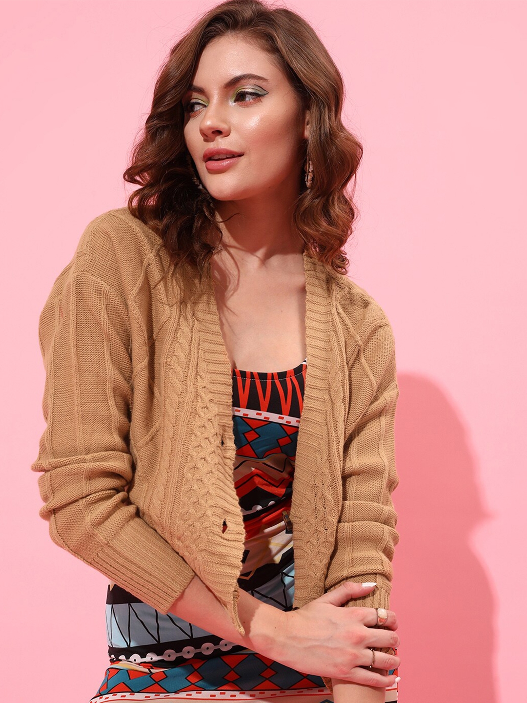 STREET 9 Women Beige Self Design Cable Knit Acrylic Cardigan - Sweaters for Women 20233376 | Myntra