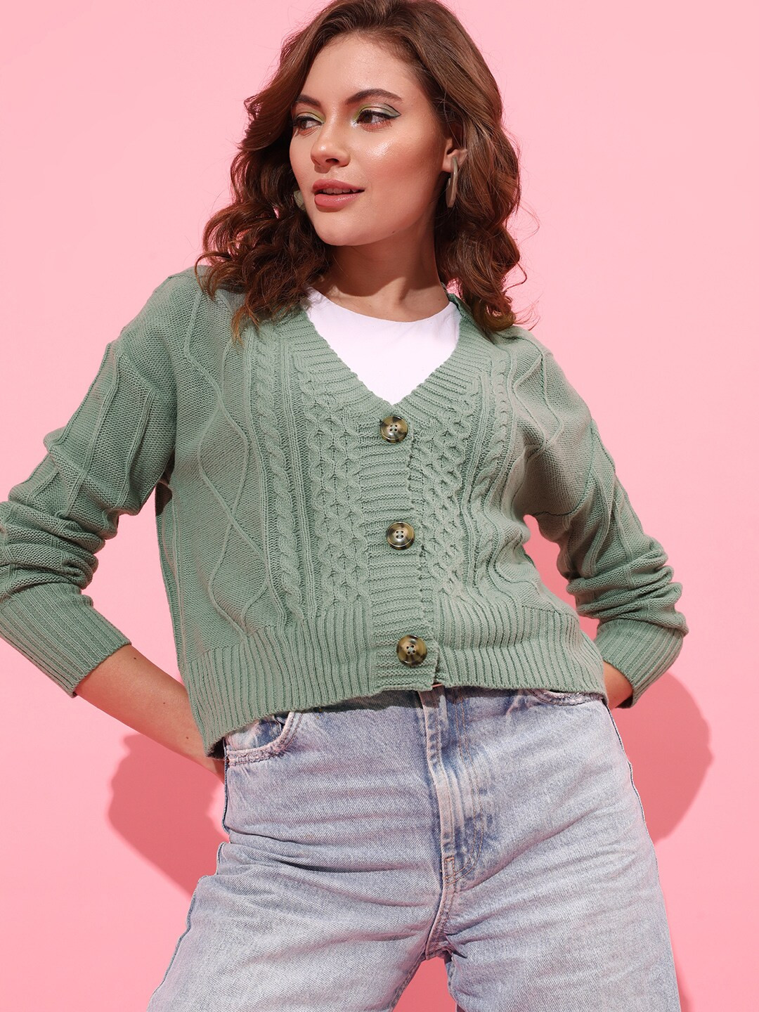 STREET 9 Women Sea Green Cable Knit Crop Cardigan
