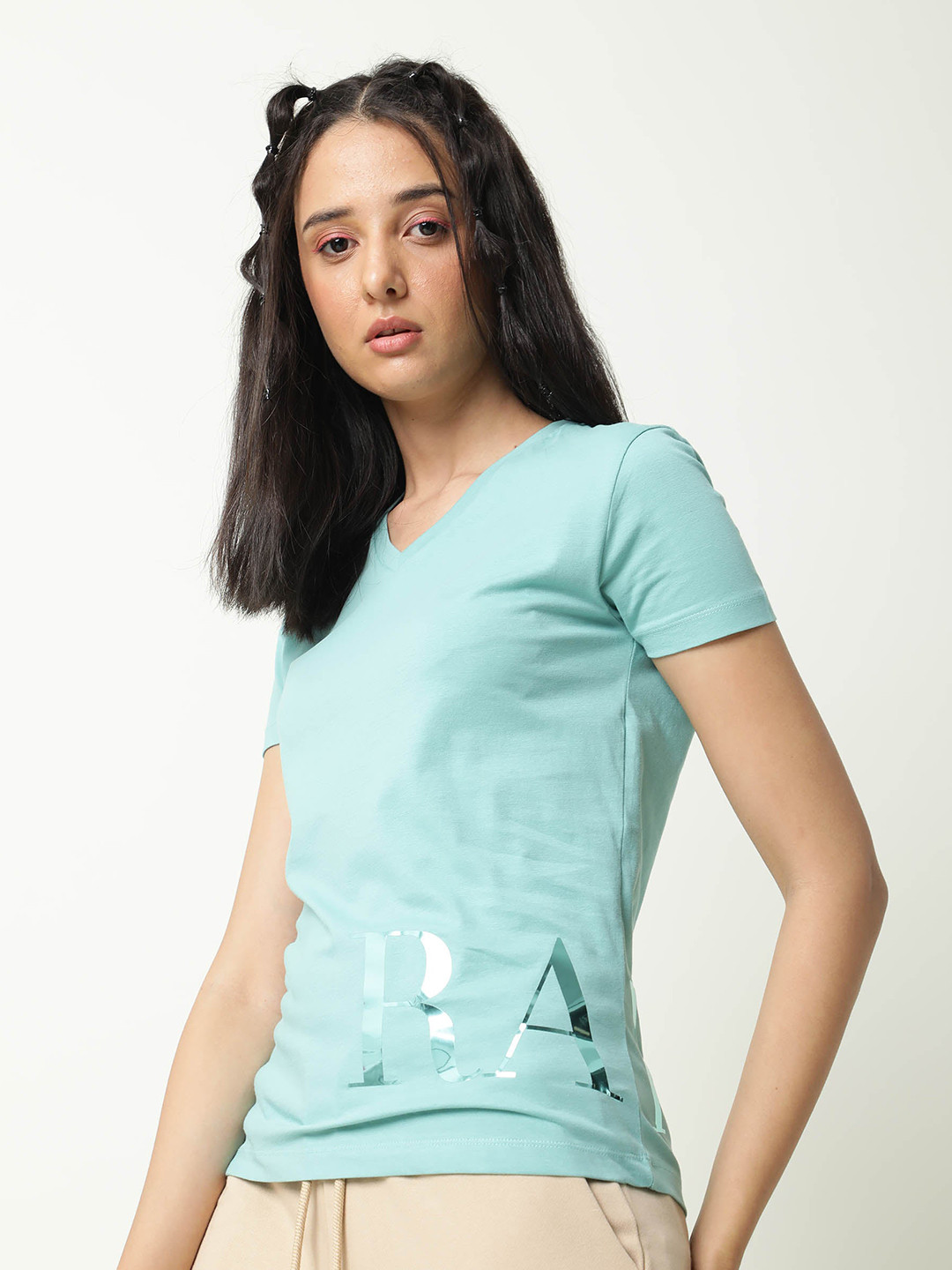 RAREISM Women Green Graphic Print Regular Fit Half Sleeve Crew Neck T-Shirt