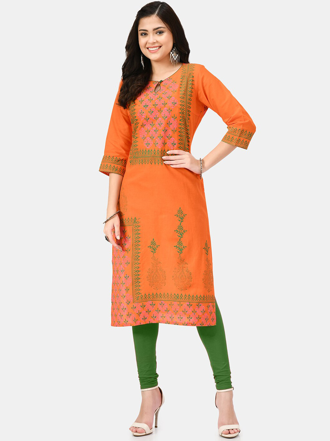 RIYA Women Orange Ethnic Motifs Block Print Kurta