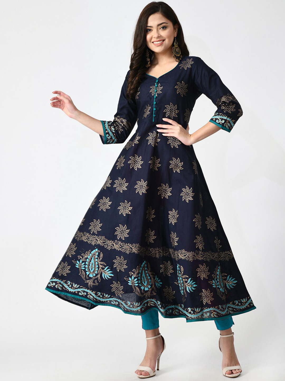 RIYA Women Blue Ethnic Motifs Printed Block Print Anarkali Kurta