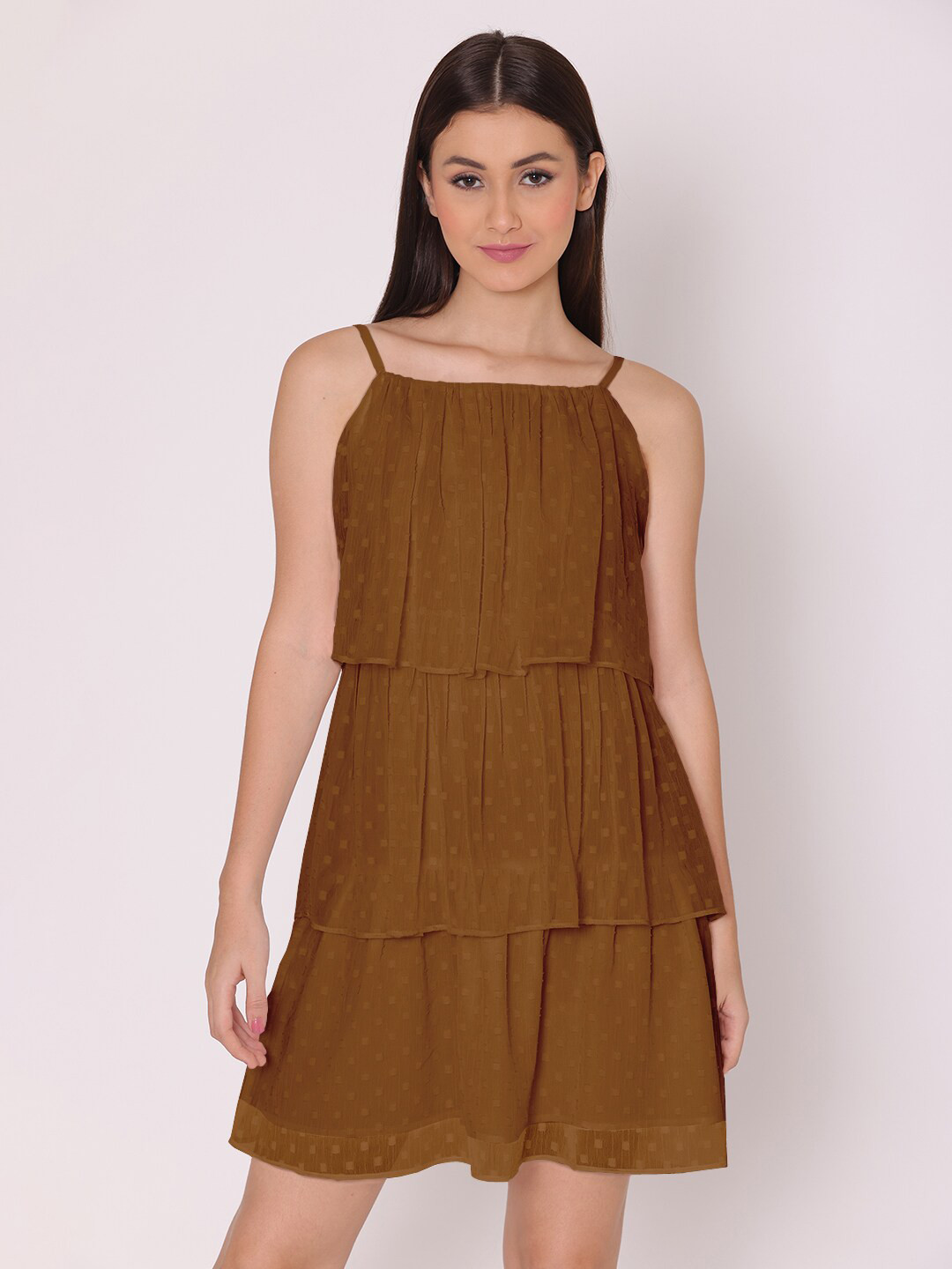 DressBerry Brown Layered Georgette A-Line Dress