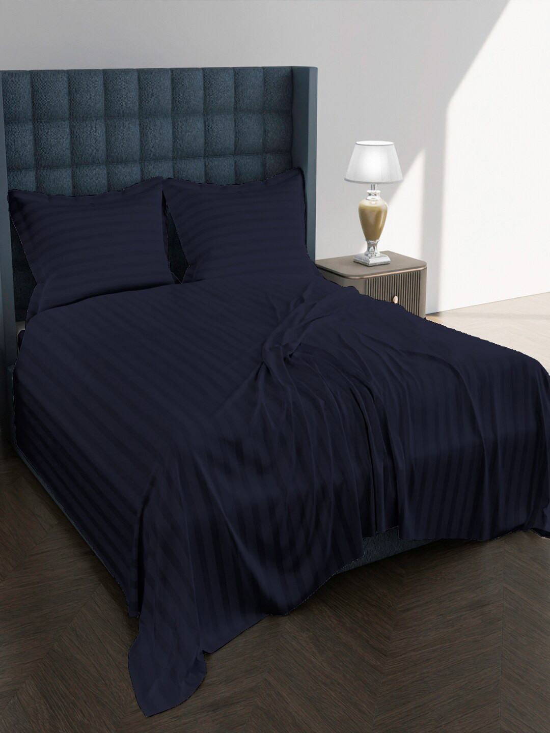 AVI Blue Striped Egyptian Cotton Wrinkle Free 250 TC Queen Fine Bedsheet with a Pillow Cover-238 x 274 cm