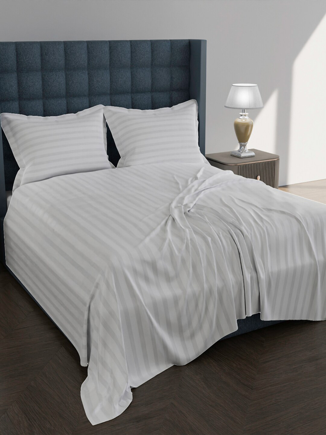 AVI White Striped Cotton Skin-Friendly 250 TC Queen Fine Bedsheet with 2 Pillow Covers-94 x 108 inches
