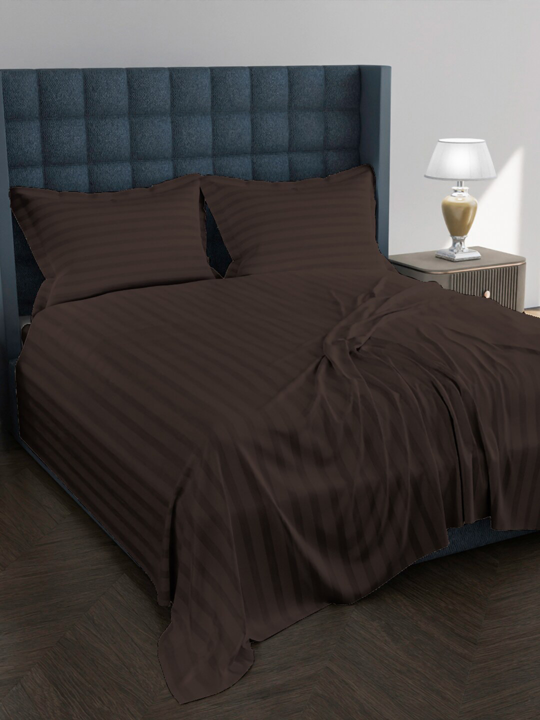 AVI Brown Striped Egyptian Cotton 250 TC King Fine Bedsheet with 2 Pillow Covers-100 x 108 inches
