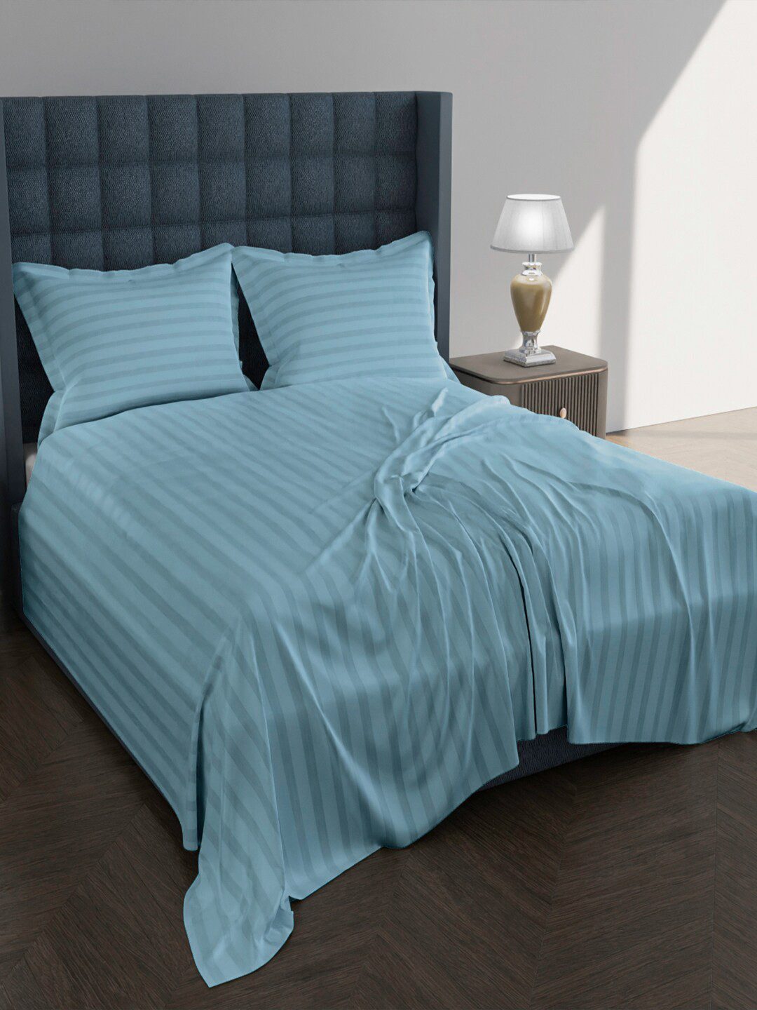 AVI Turquoise Blue Striped Egyptian Cotton Breathable 250 TC Queen Fine Bedsheet with 2 Pillow Covers-94 x 108 inches