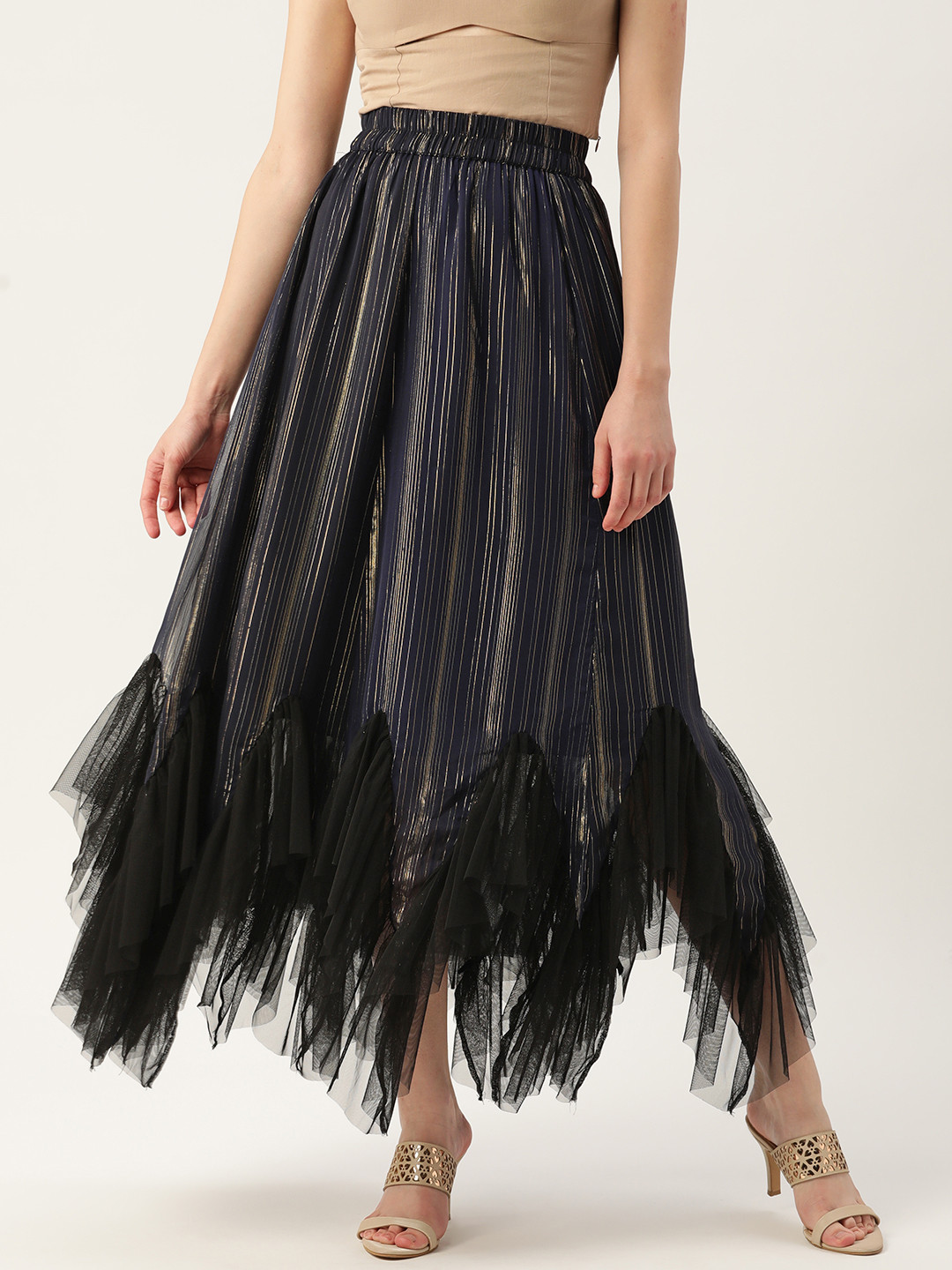 Antheaa Women Navy Blue Woven Design Frill A-Line Skirt