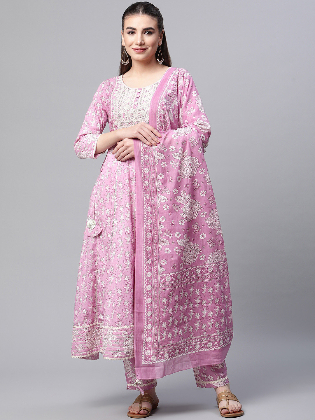 Mishpra Women Lavender Ethnic Motifs Yoke Design Pure Cotton Kurta with Trousers & With Dupatta