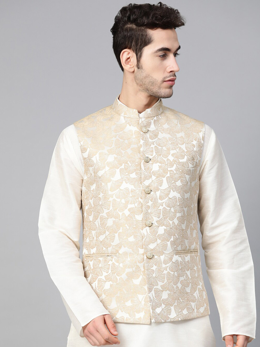 MANQ Men Woven-Design Jaquard Silk Nehru Jacket