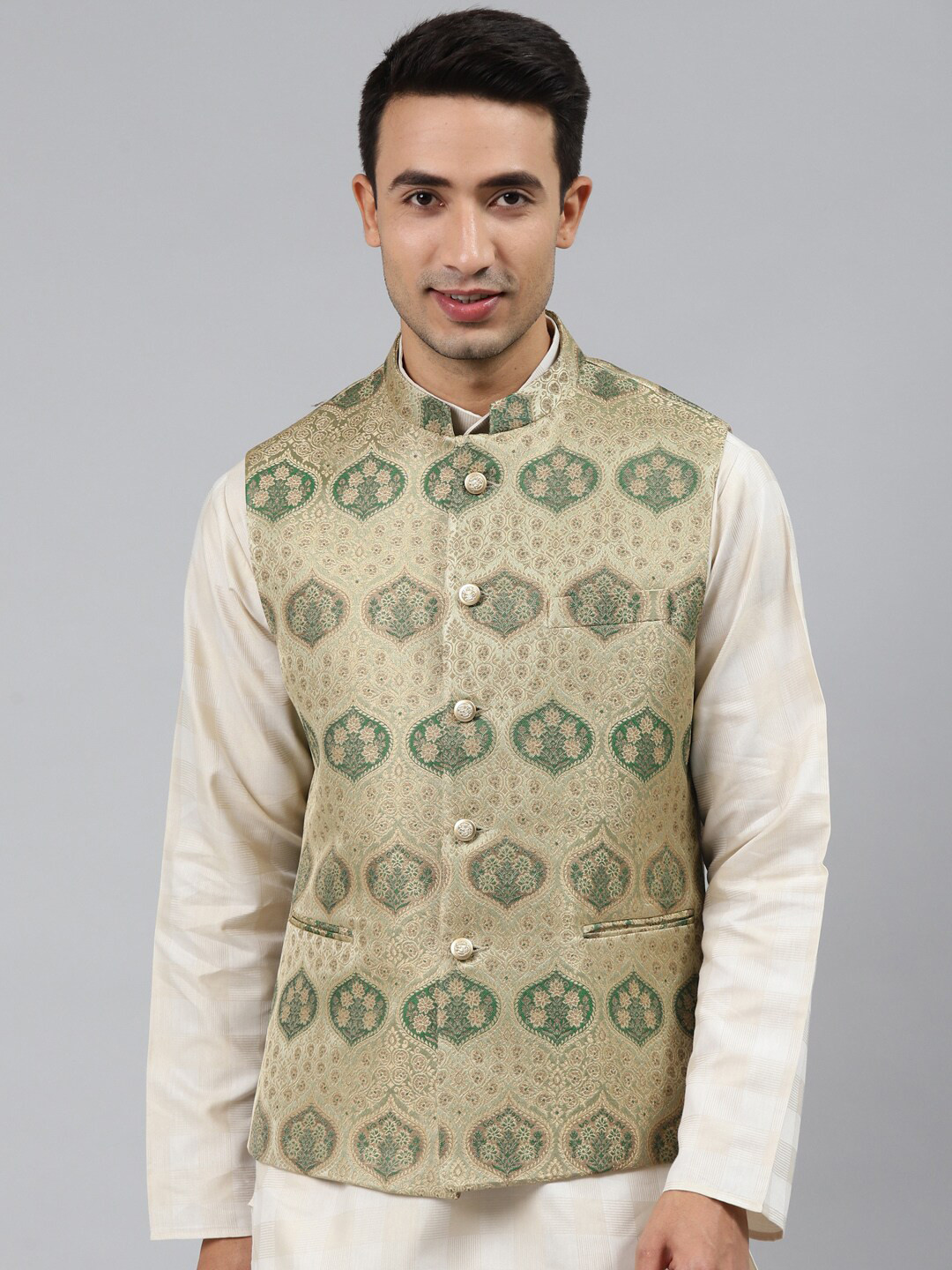 MANQ Men Woven-Design Silk Jaquard Nehru Jacket