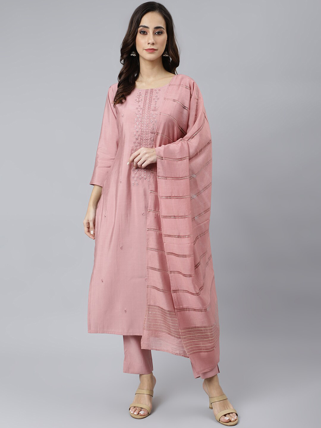 Janasya Women Pink Poly Silk Floral Embroidered Kurta With Trouser & Dupatta