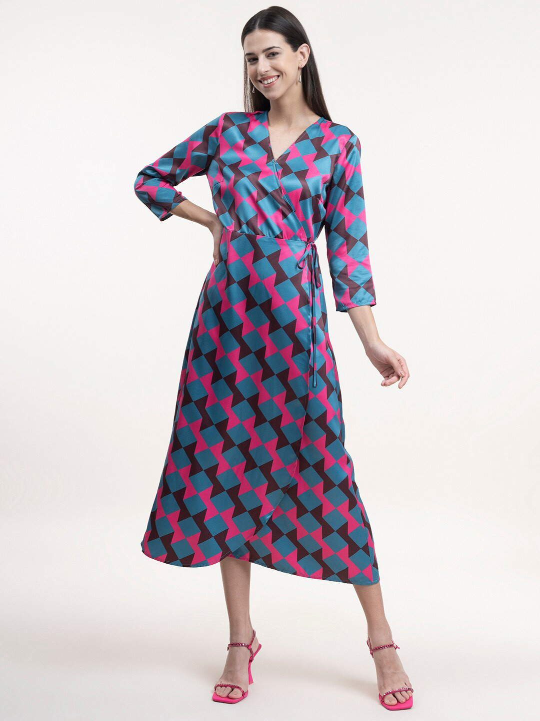 FableStreet Teal Satin Formal Midi Women Dress