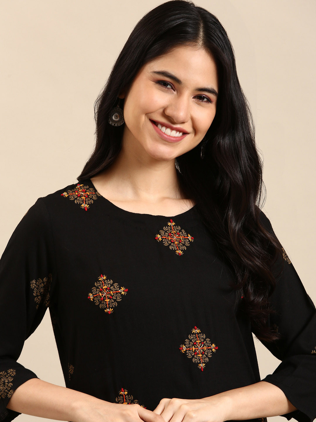 SHOWOFF Women Black Ethnic Motifs Printed Thread Work Kurta with Palazzo Set