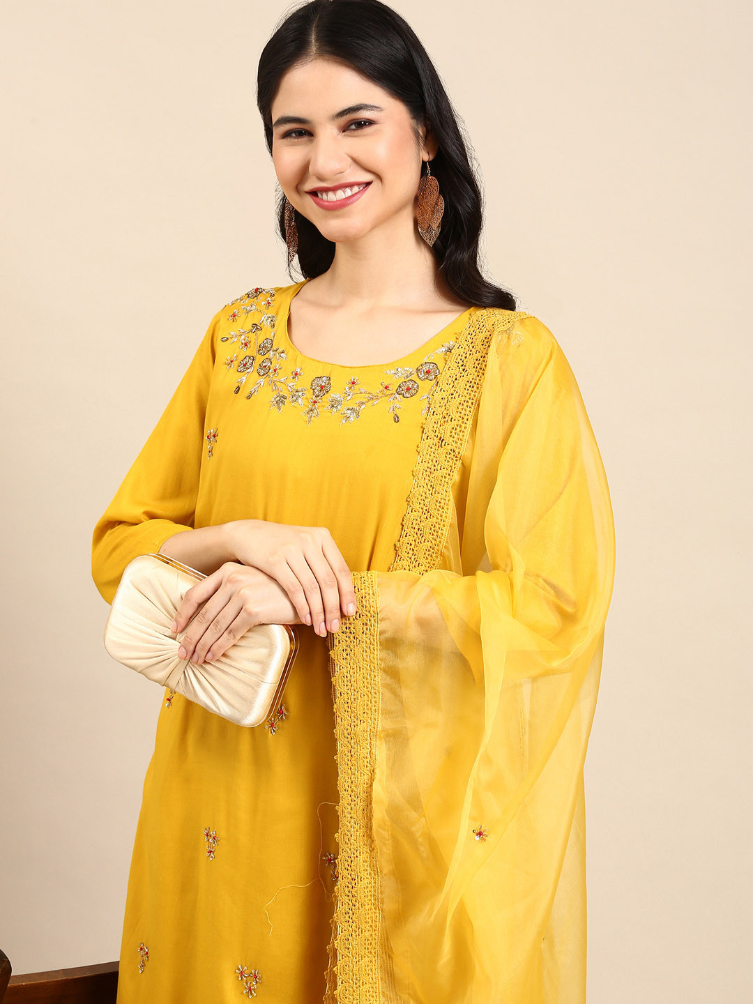 SHOWOFFFF Women Mustard Yellow Floral Embroidered Zardozi Kurta with Trousers & With Dupatta