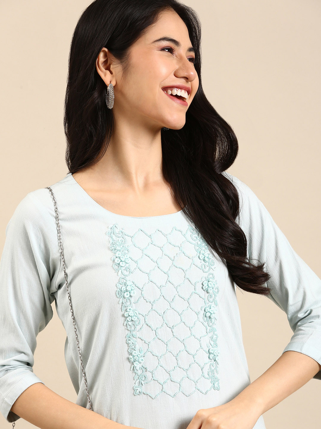 SHOWOFF Women Blue Beads and Stones Kurta with Trousers