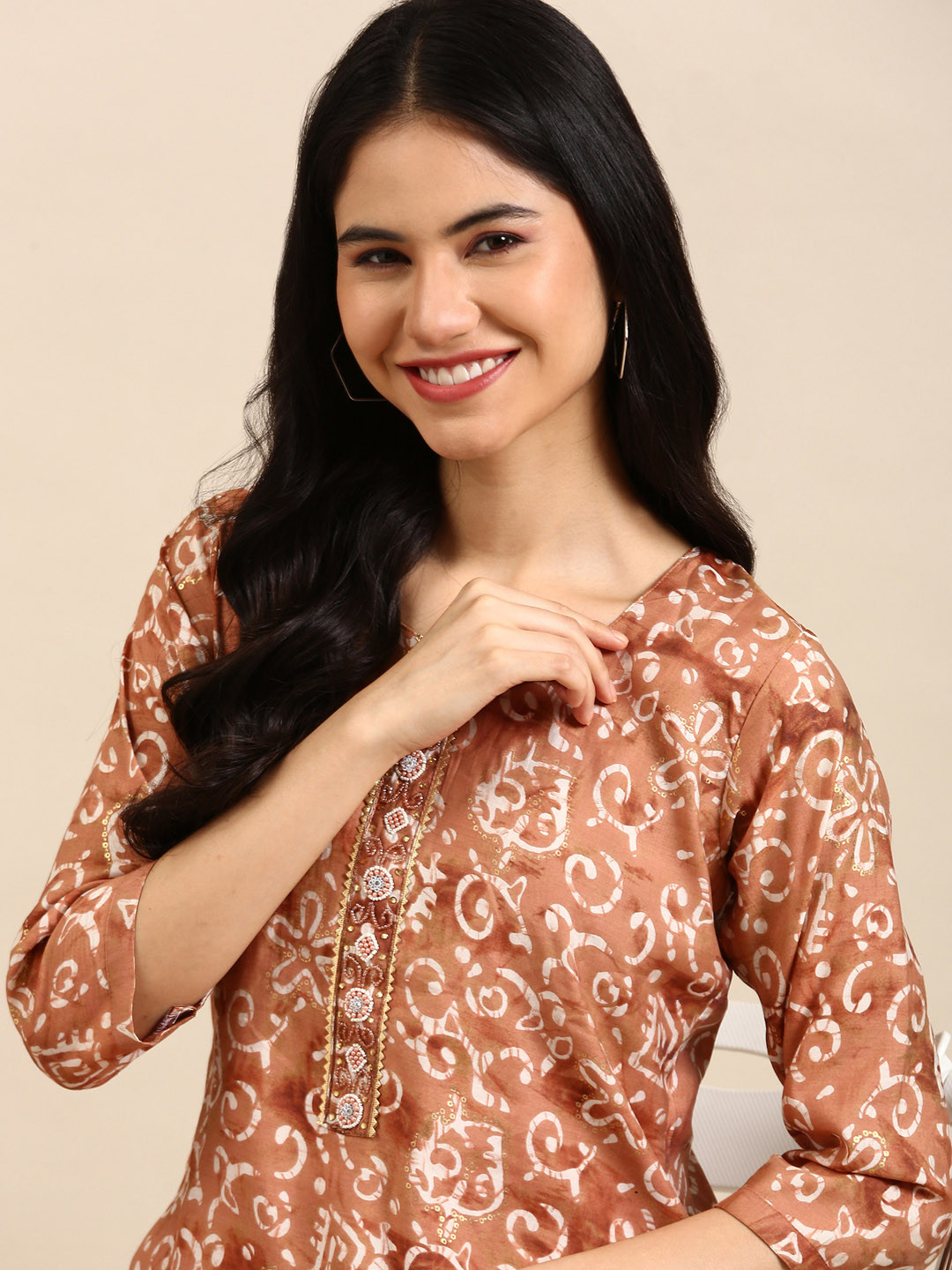 SHOWOFF Women Copper-Toned Ethnic Motifs Printed Beads and Stones Silk Crepe Kurta with Trousers
