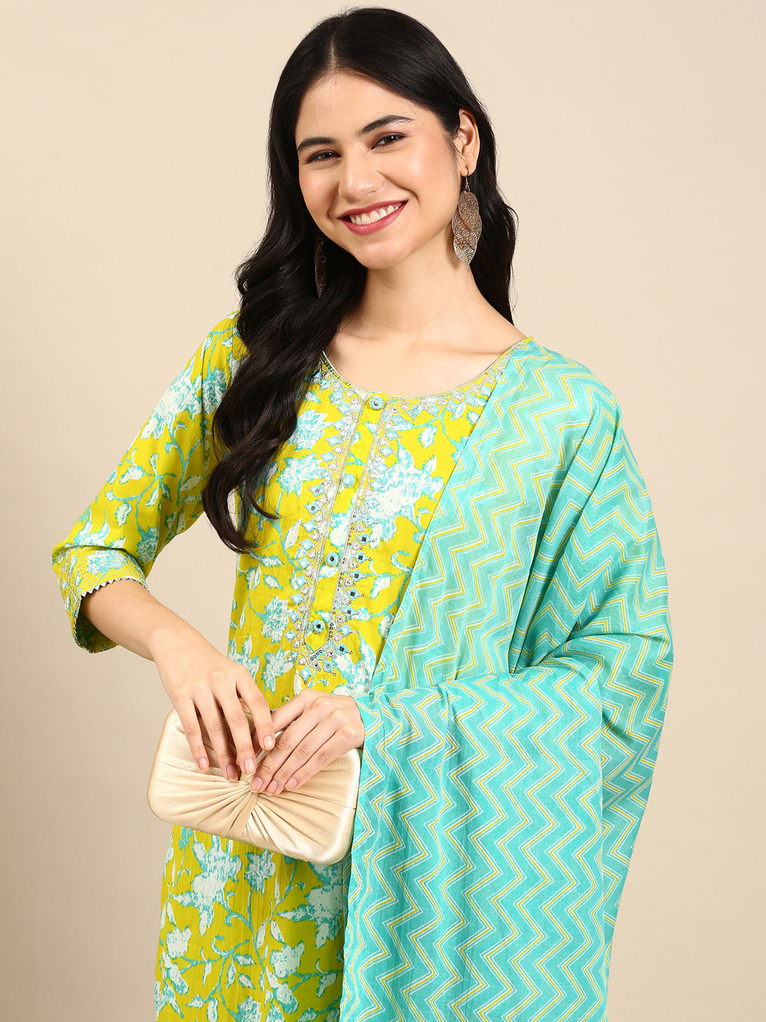 SHOWOFF Women Lime Green Floral Printed Mirror Work Pure Cotton Kurta with Trousers & With Dupatta