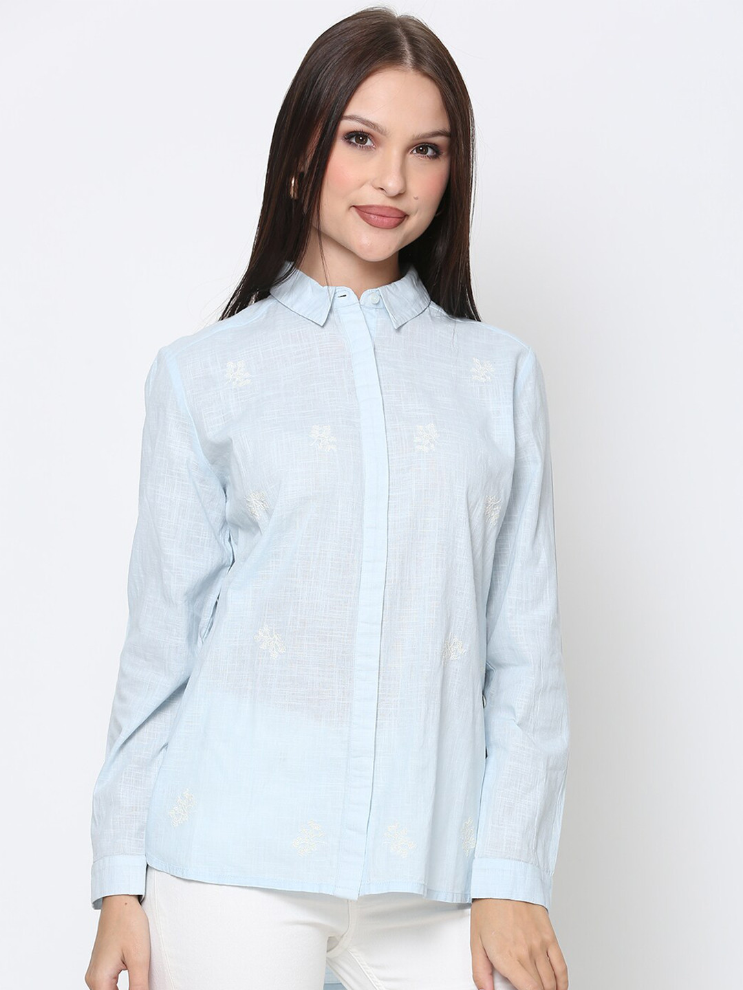 DRIRO Blue Embroidered Slub Cotton Shirt Style Top