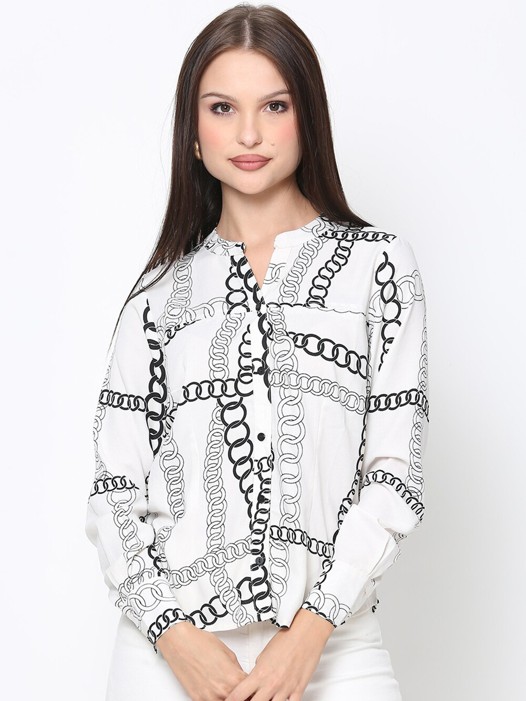 DRIRO White Chain Print Mandarin Collar Crepe Shirt Style Top