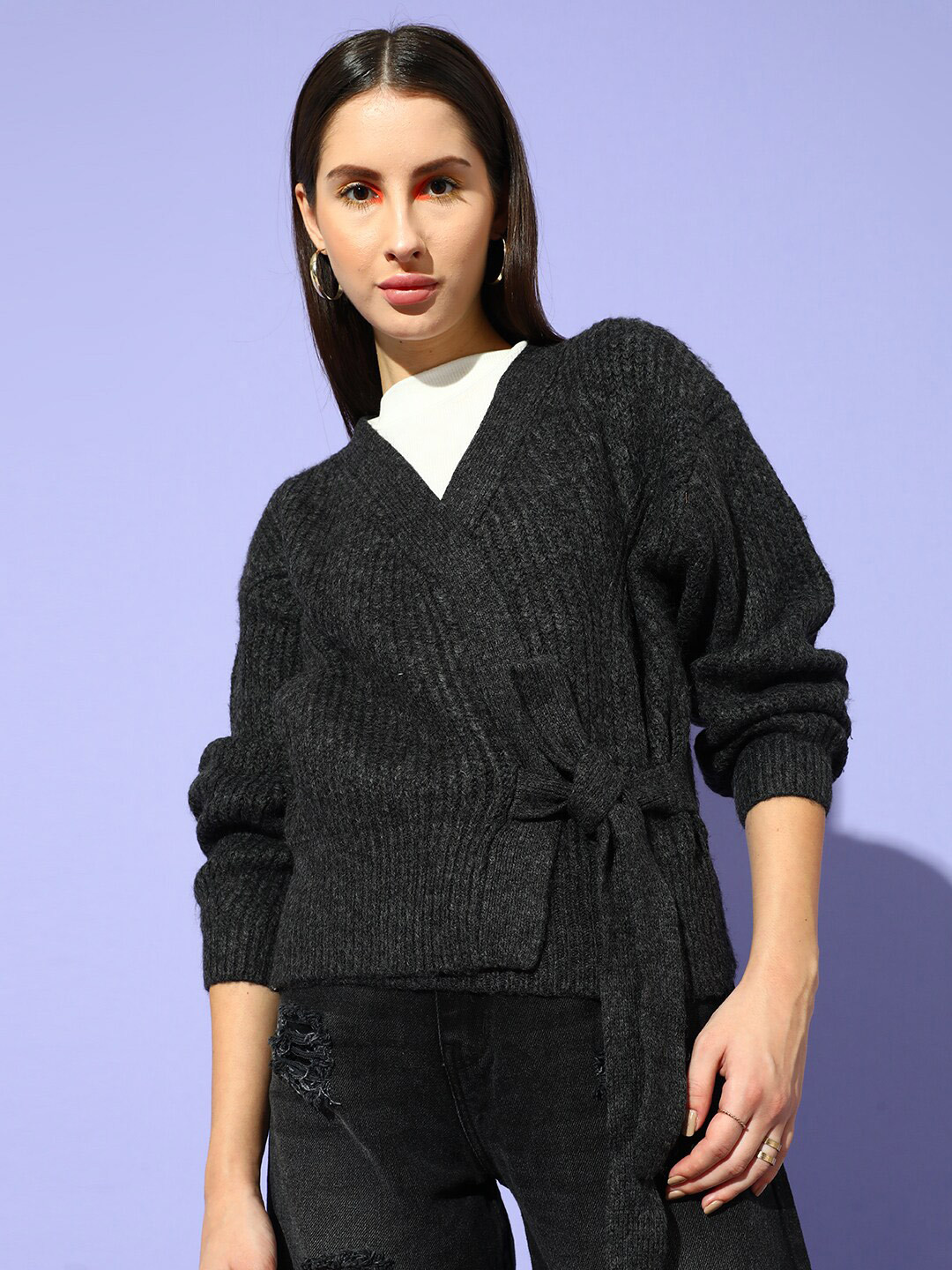 STREET 9 Women Grey Ribbed Cardigan