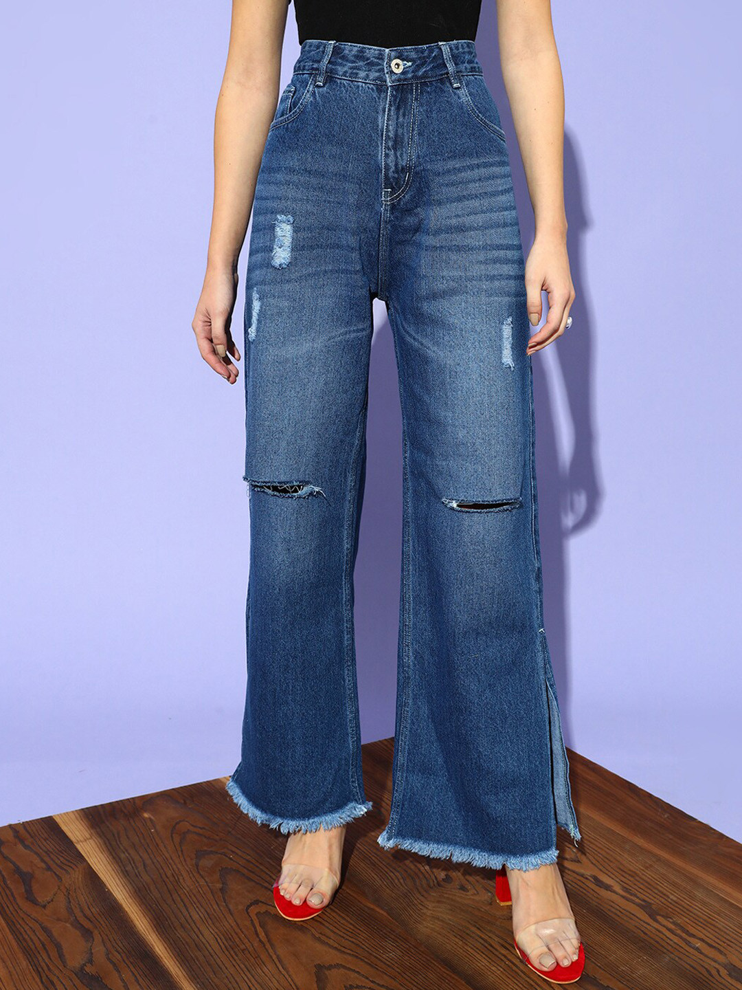 STREET 9 Women Blue Flared High-Rise Low Distress Light Fade Jeans