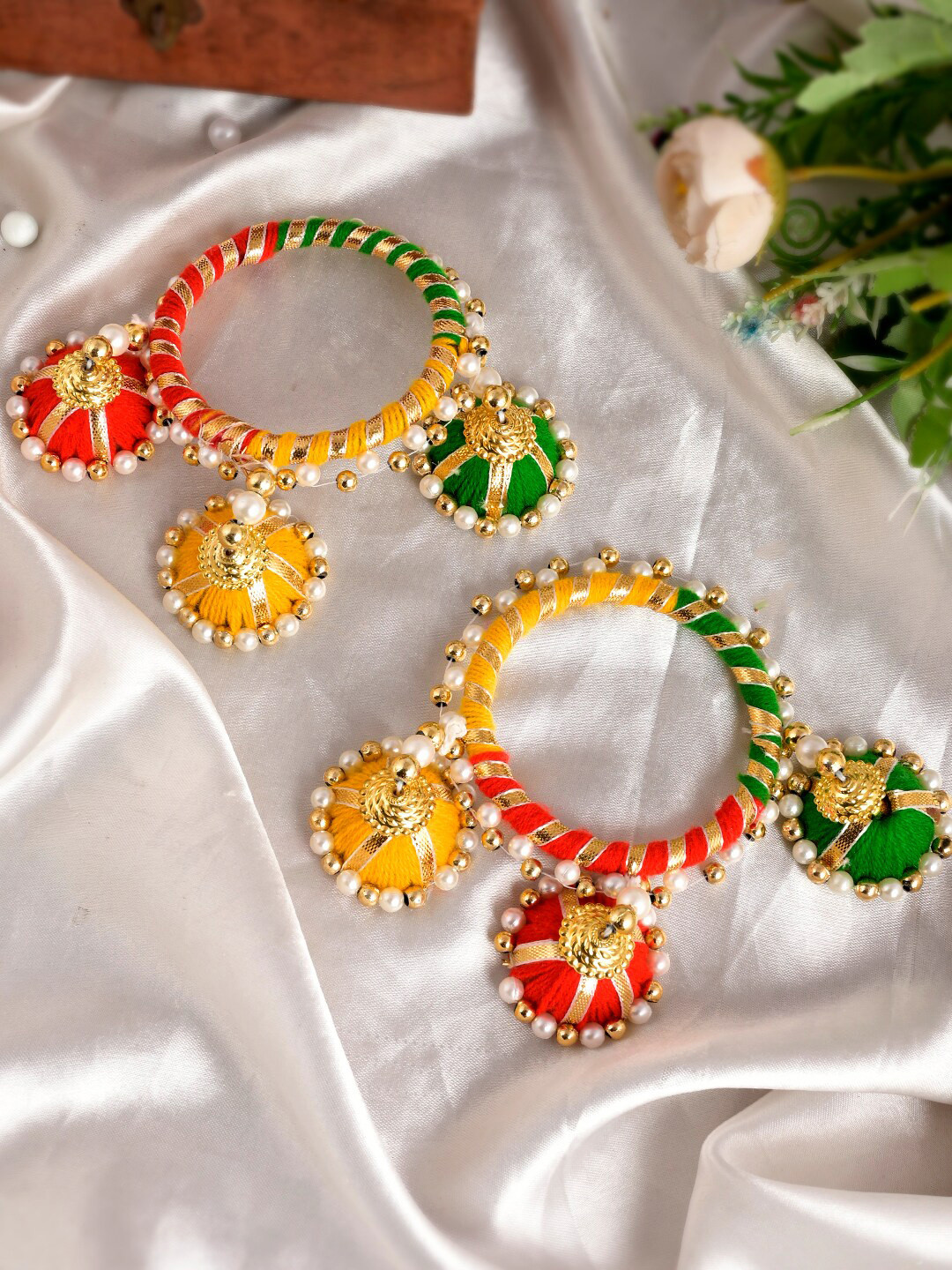 Shoshaa Set Of 2 Yellow & Red Pearls Studded Bangle Set
