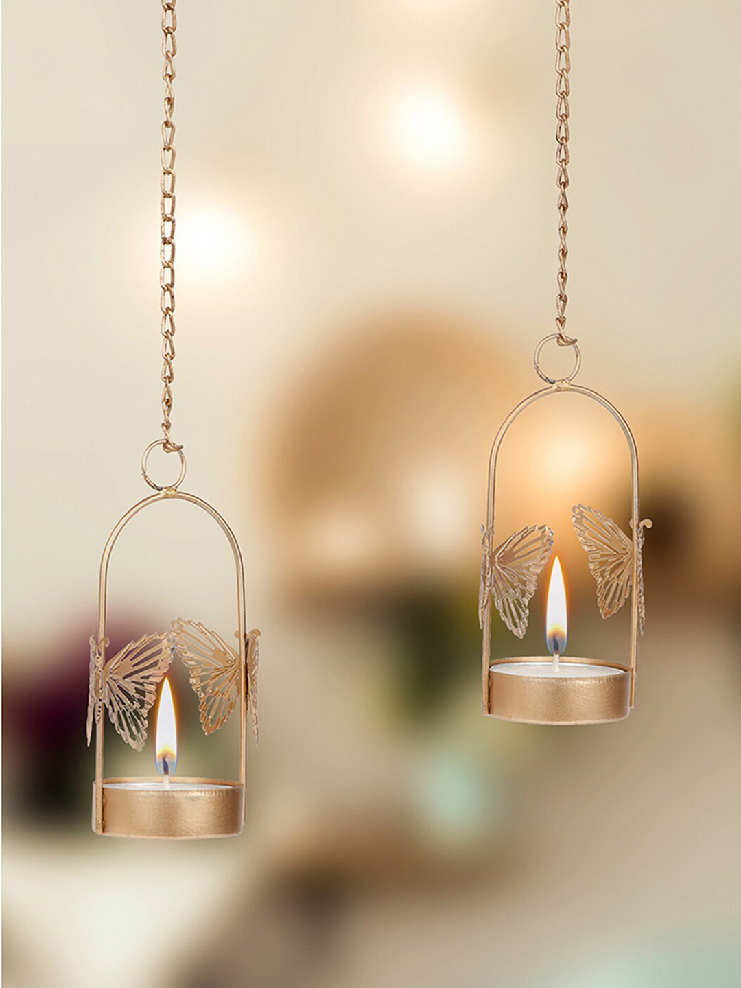 DULI Set of 4 Textured Gold-Coloured Hanging Tea-Ligth Candle Holders