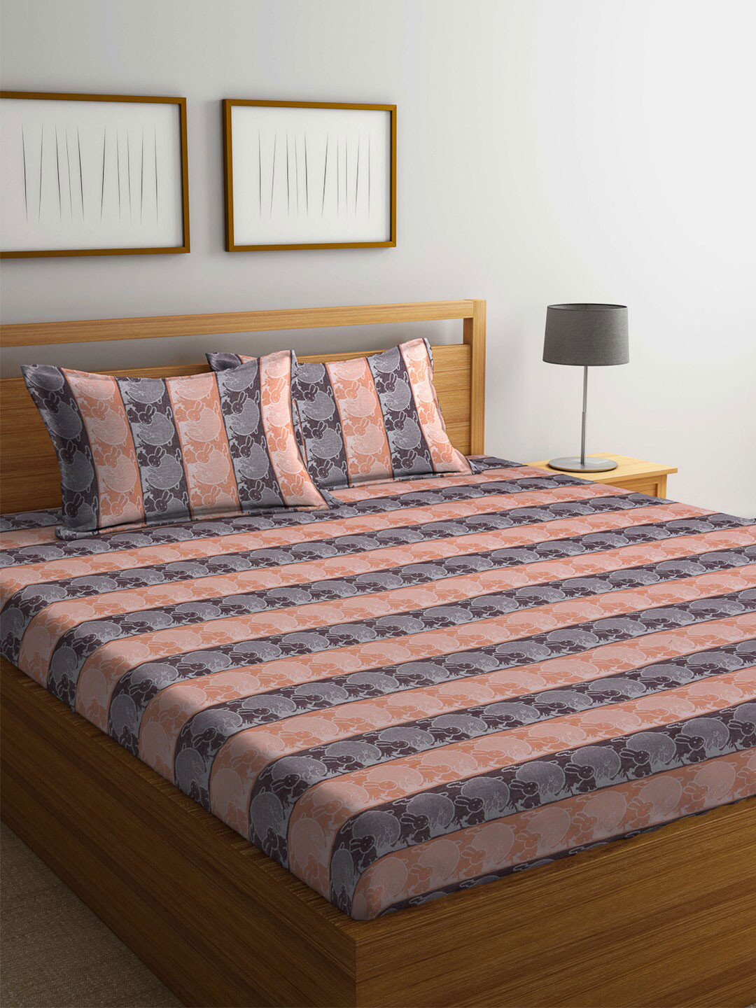 KLOTTHE Brown Conversational Pure Cotton 350 TC King Fine Bedsheet with 2 Pillow Covers-250 x 225 cm