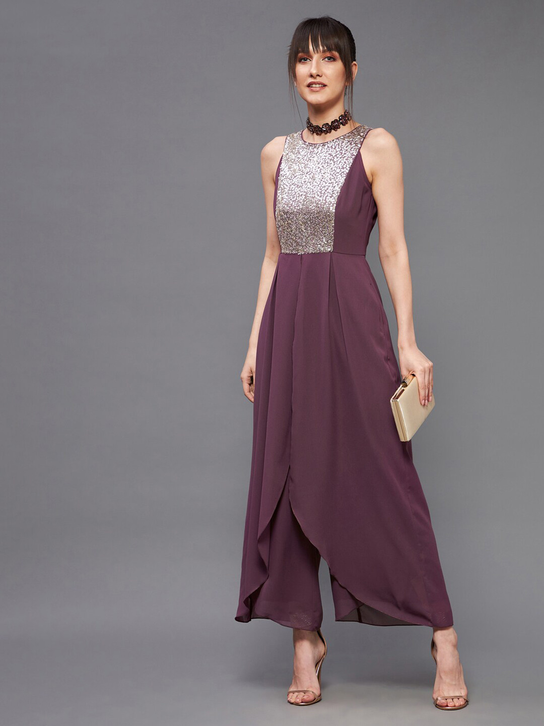 Miss Chase Mauve & Gold-Toned Halter Neck Basic Jumpsuit