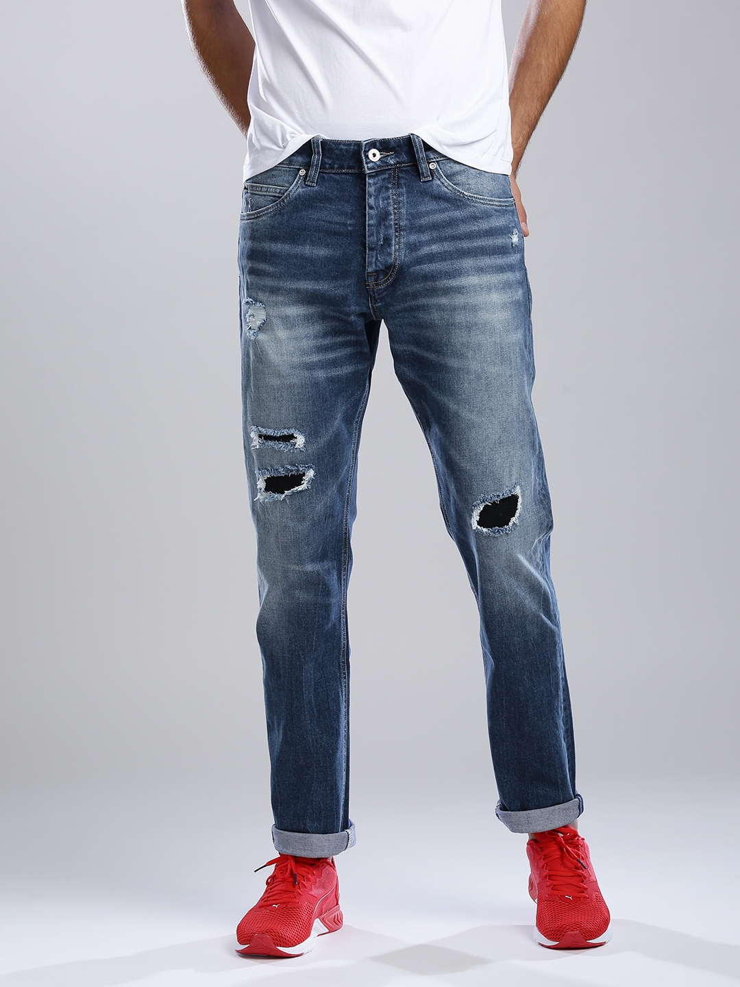 Buy CR7 Men Blue Straight Fit Mid Rise Low Distress Jeans - Jeans ...