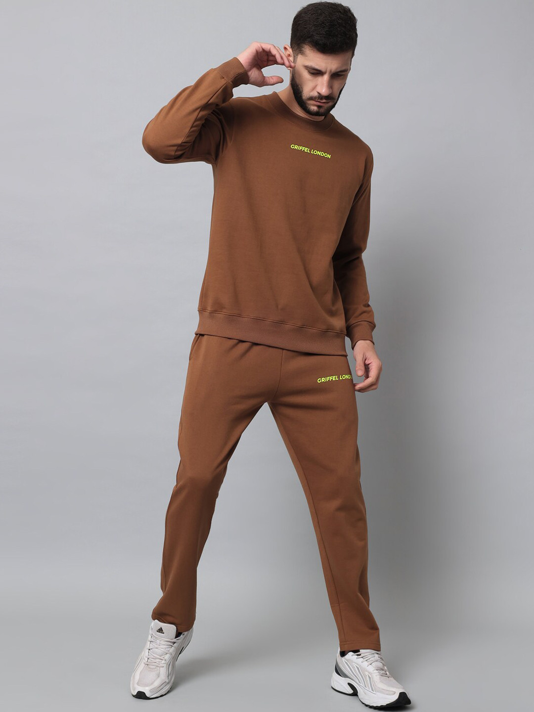 GRIFFEL Men Brown Solid Cotton Tracksuit