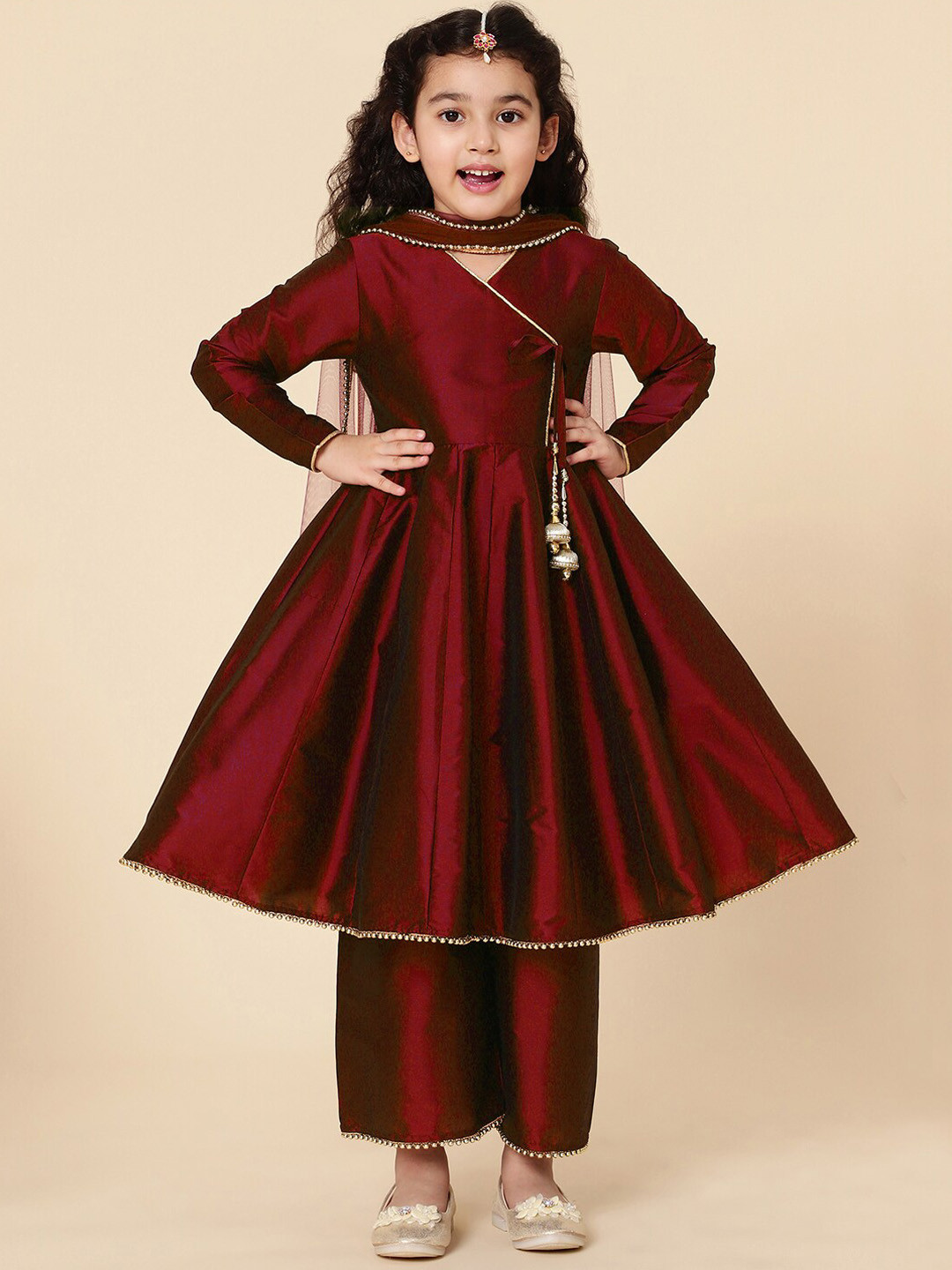 A T U N Girls Maroon Angrakha Kurta with Palazzos & With Dupatta