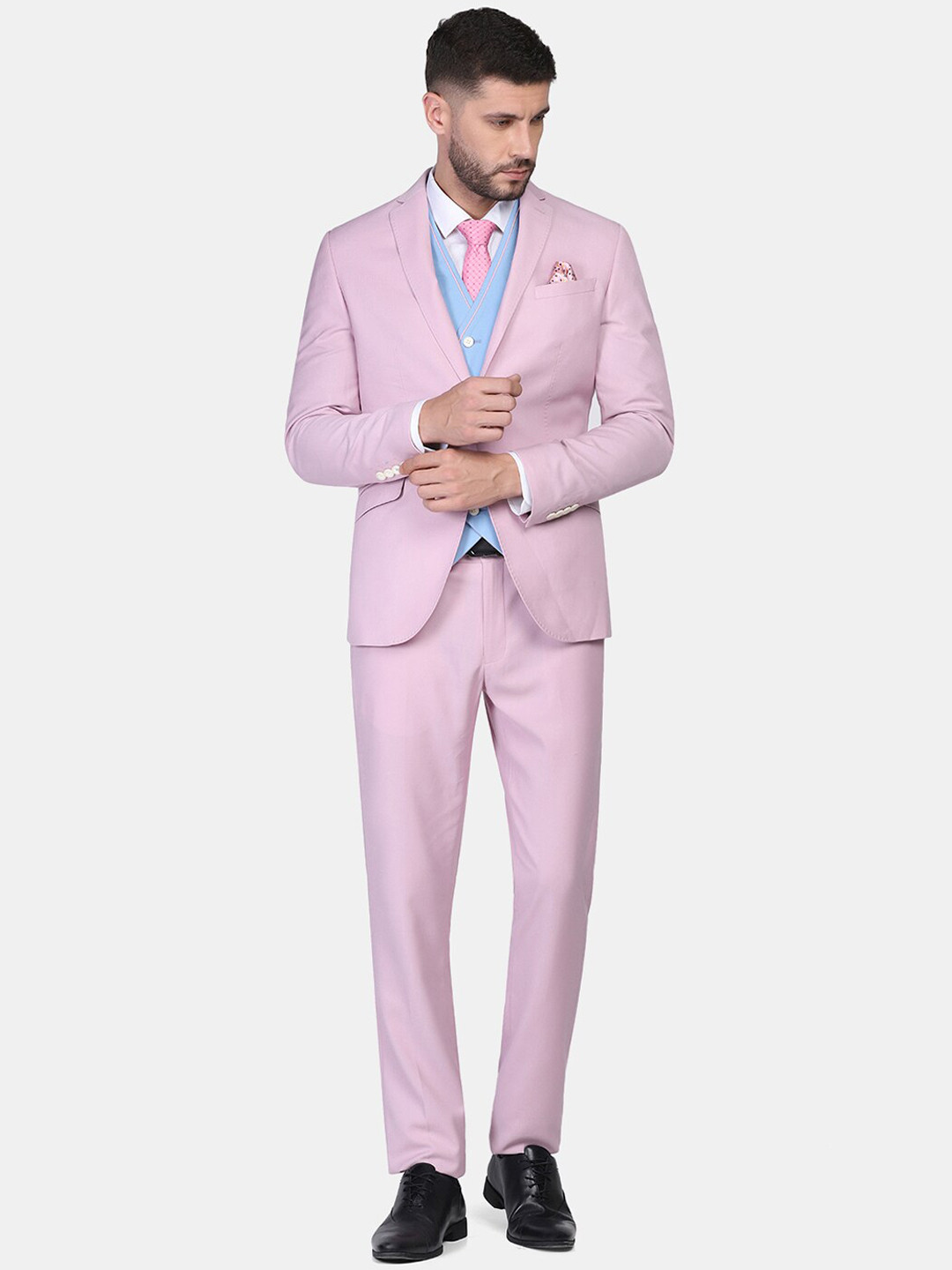 Blackberrys Men Pink Solid Single-Breasted Slim-Fit 3-Piece Formal Suit