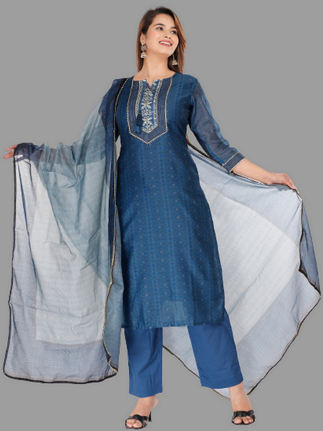 EtnicaWear Women Blue Floral Embroidered Chanderi Cotton Kurta with Pyjamas & With Dupatta