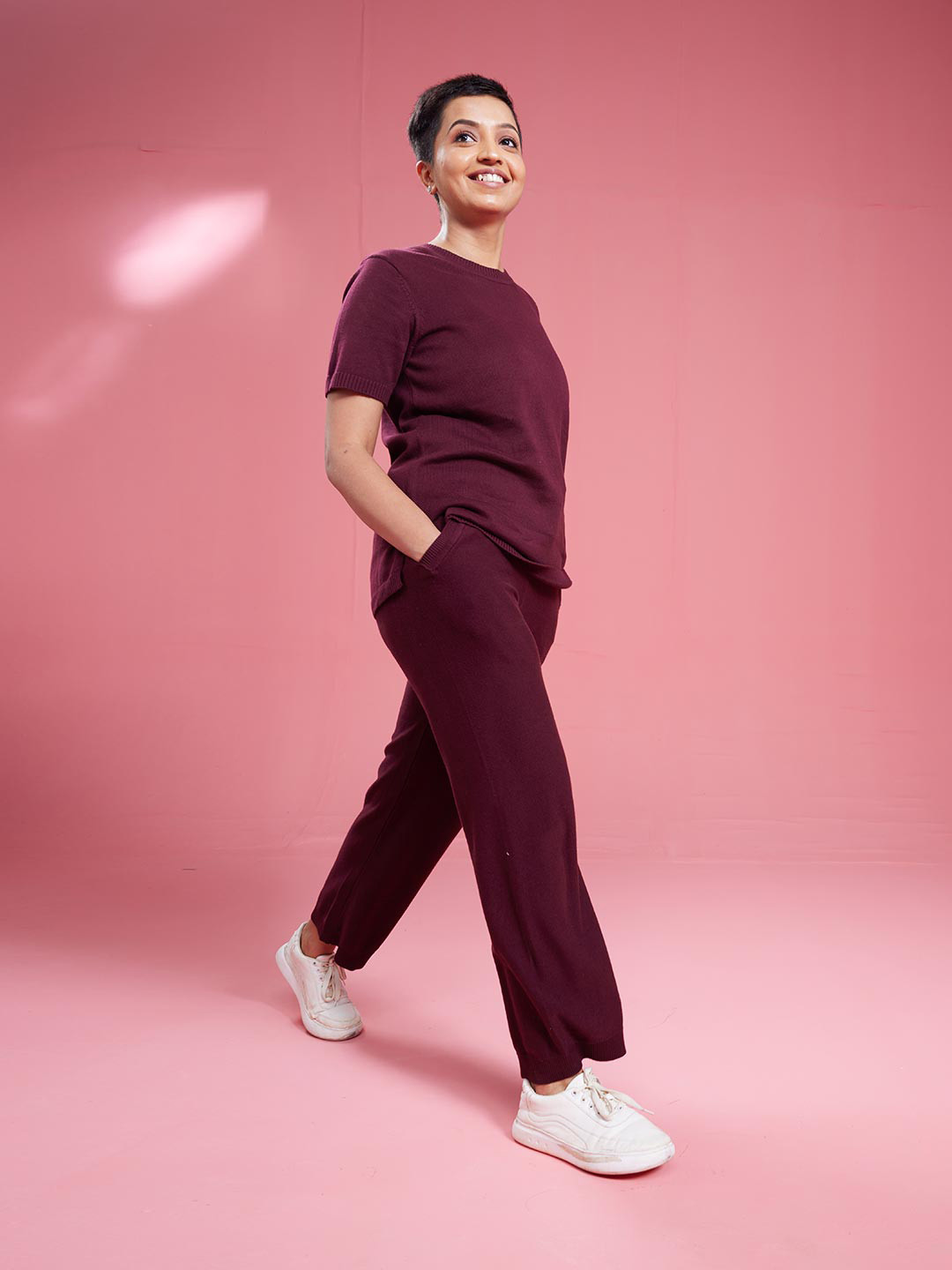 Blissclub Women Burgundy Regular Cotton Mid Rise Pants with Two Pockets