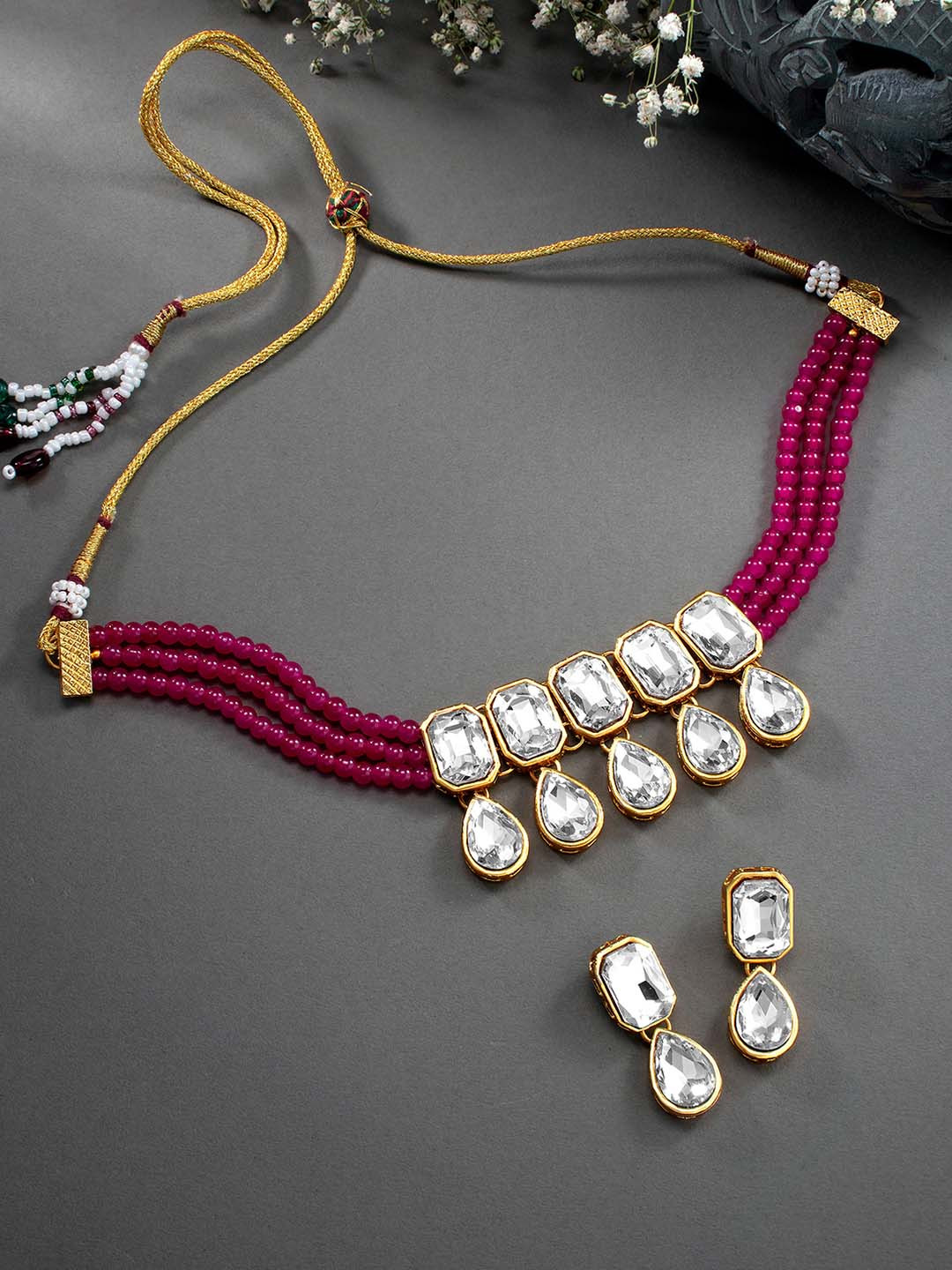 Peora Gold-Toned & Magenta Beaded and Stone Studded Choker Jadau Jewellery Set