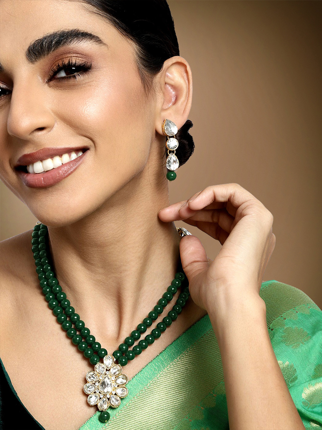 Peora Green & White Kundan & Beaded Necklace With Earrings